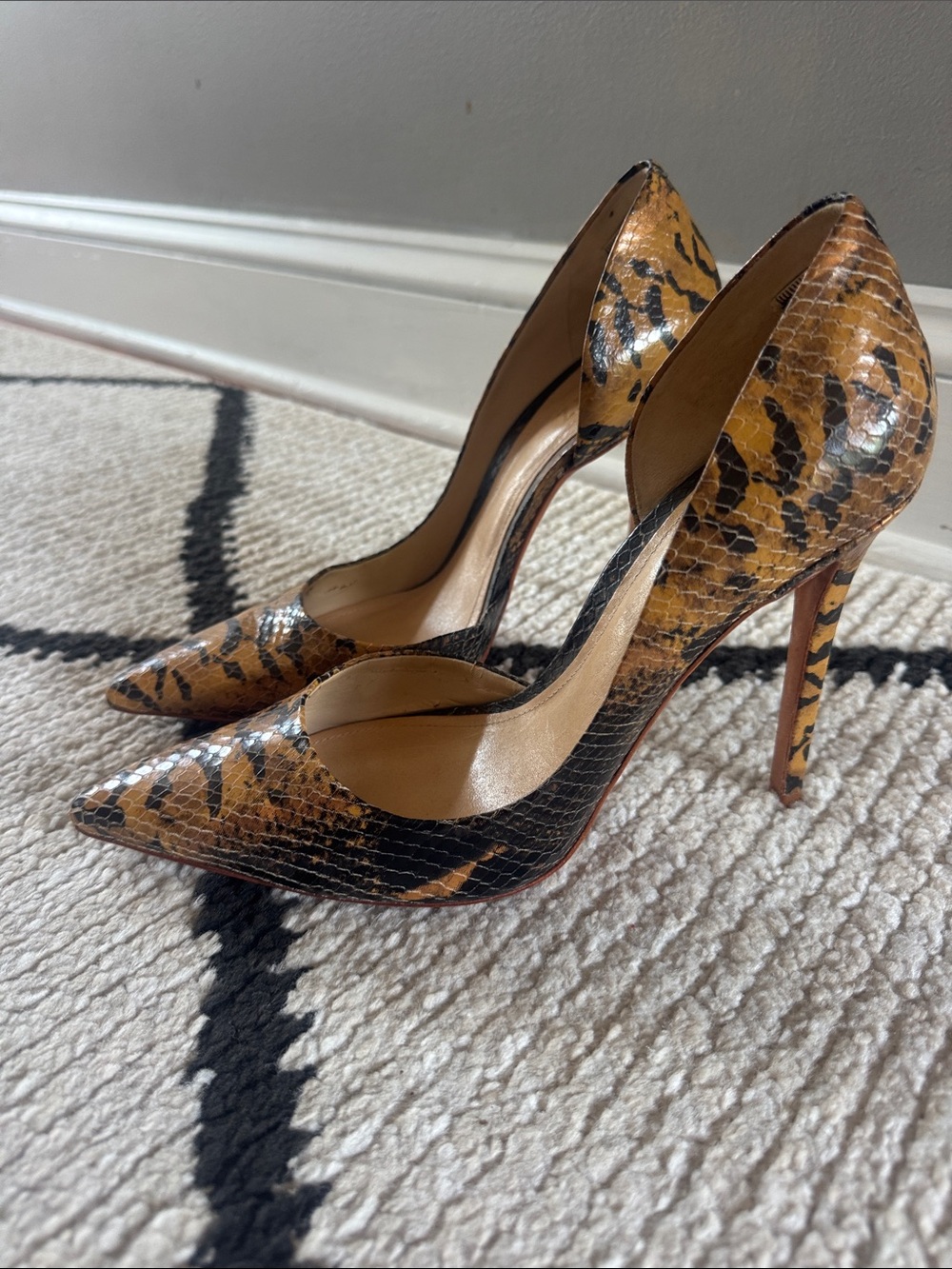 SCHUTZ Tan and Black Snake-Print Pointed D'Orsay Pumps - Picture 2 of 6